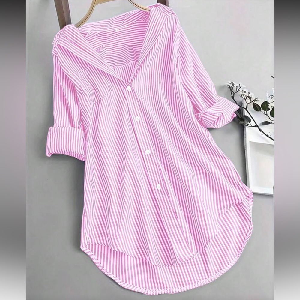 SHEIN Pink Striped Button Down Shirt